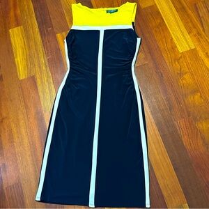Lauren Ralph Lauren Sleeveless Dress Yellow Blue White Color Block Midi | 4 LRL